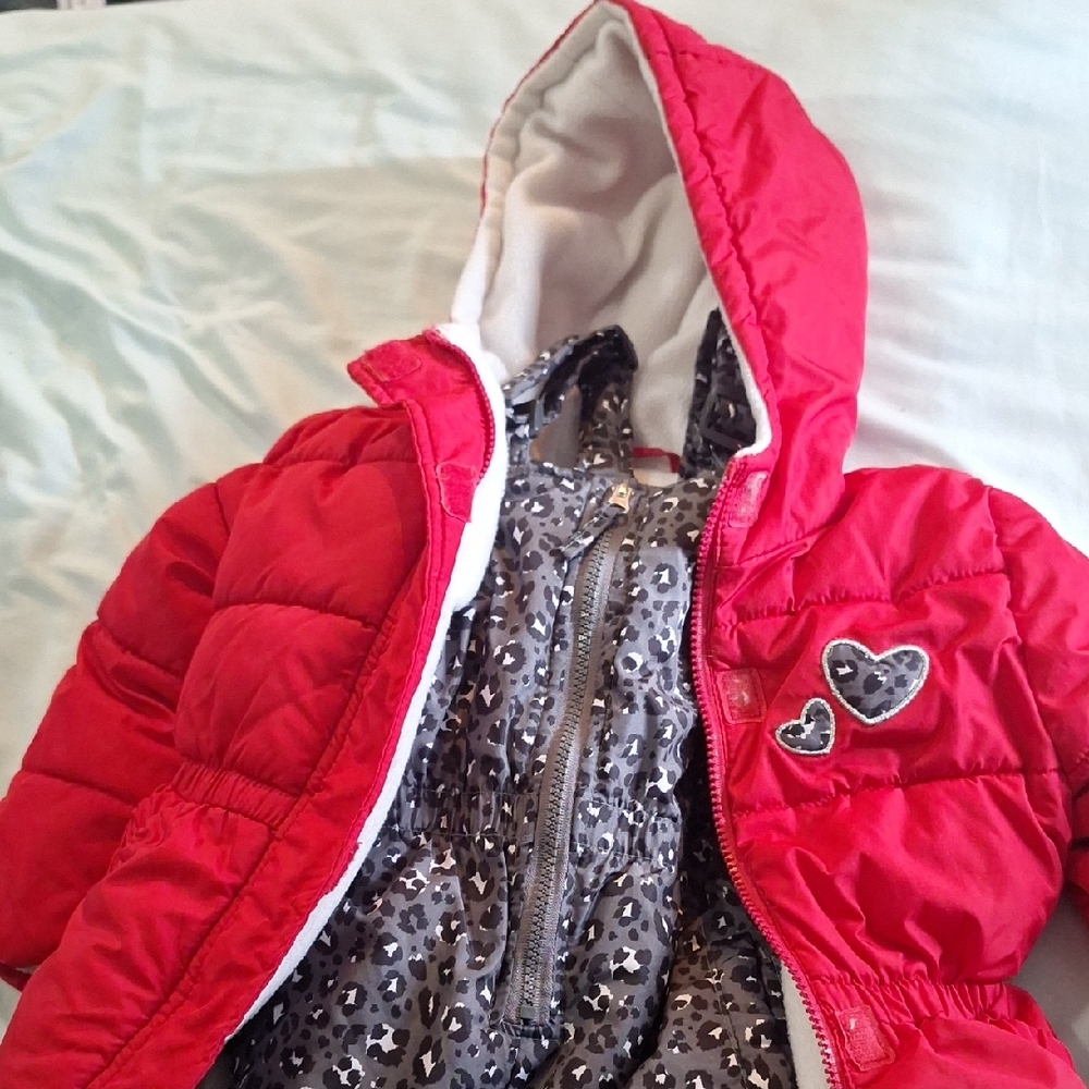 Pink Platinum Red and Gray Puffer Jacket with Hood With Snowsuit.